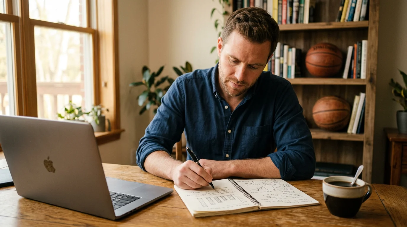 Analyst at a desk studying NBA prop hit-rate breakdown across blocks, threes, steals, assists, rebounds and points markets